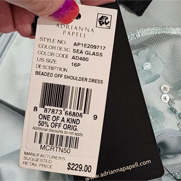 Adrianna Papell Embroidered Off Shoulder Tailored Dress, Sea Glass size 16P new - Picture 7 of 13